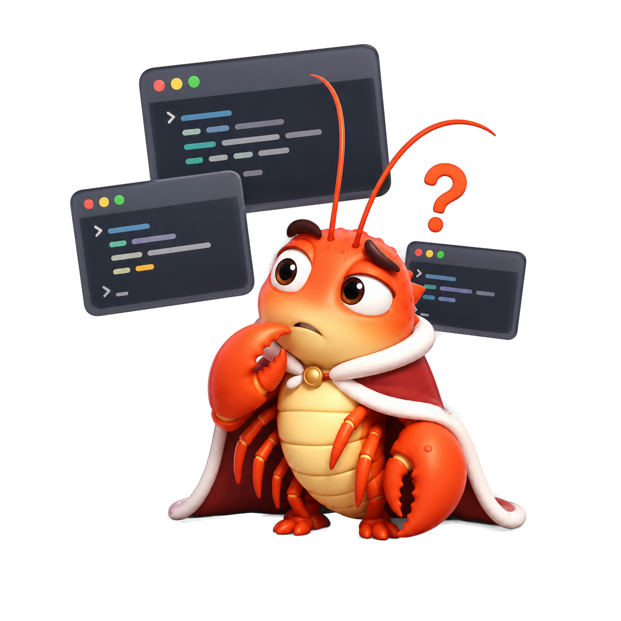 LordClaw mascot looking at terminal windows and a dashboard